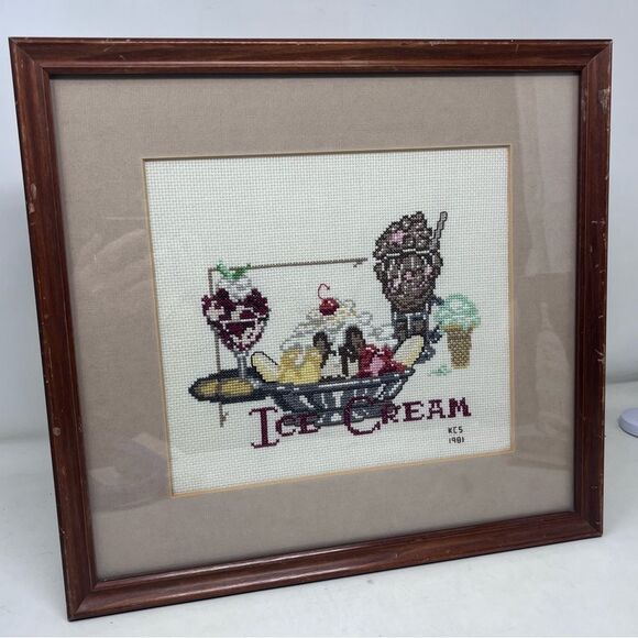 Framed Matted Vintage 1981 Cross stitch Ice Cream Banana Split Sundae 14x13 - Picture 2 of 9